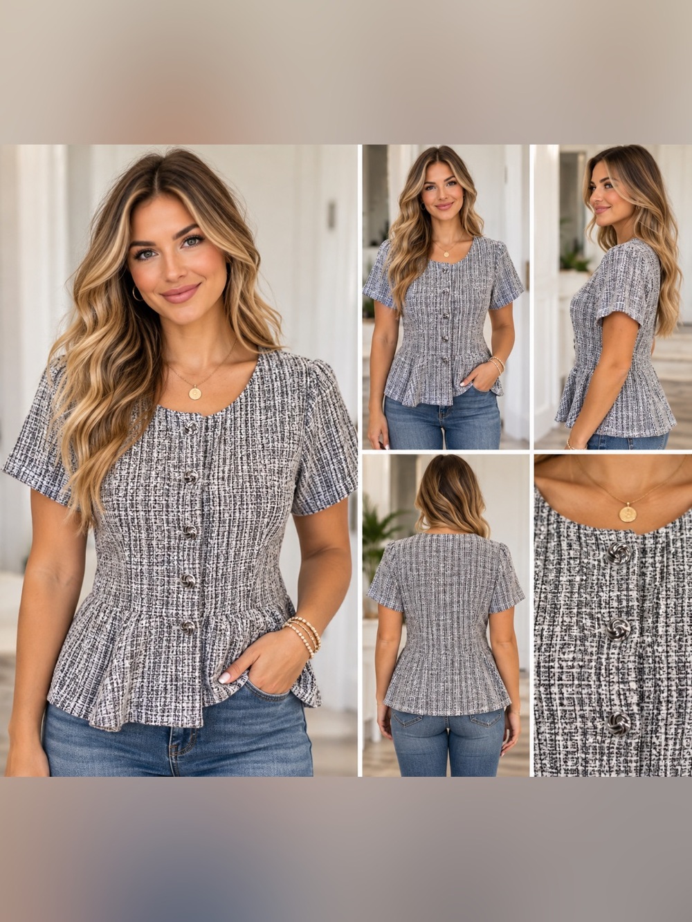 Badgley Mischka Women's Short Sleeve Button Front Peplum Tweed Blouse size small
